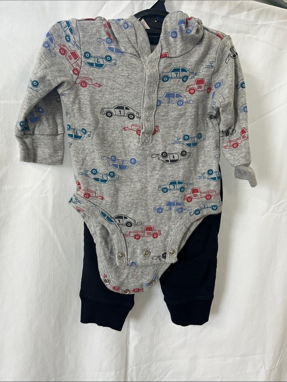 Carter's Heather Gray Car Print Hooded Bodysuit with black Pants